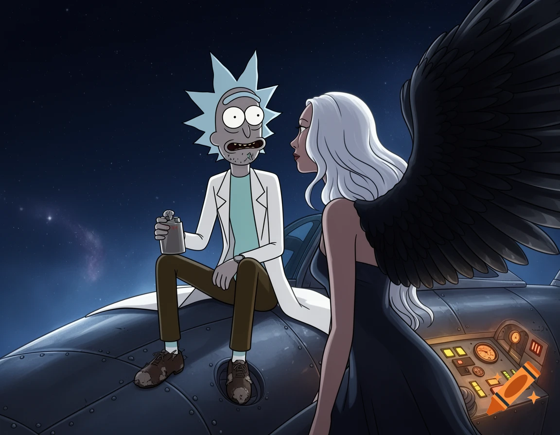 Rick Sanchez sitting on his spaceship in space, looking lovingly at a woman with white hair and black angel wings in Rick and Morty animation style.