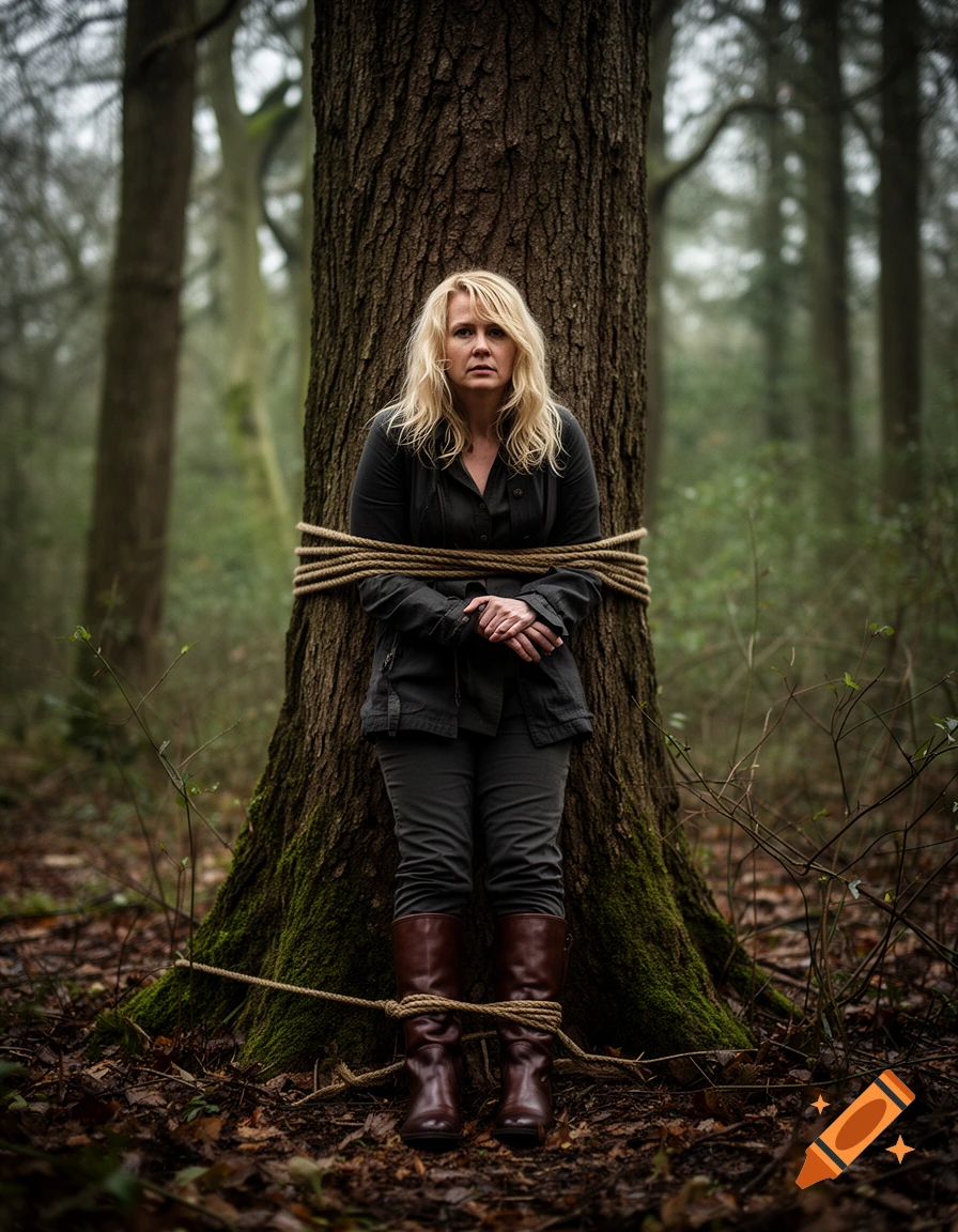 Photorealistic image of a blonde woman bound with ropes to a large tree in a forest, wearing dark clothes and boots.