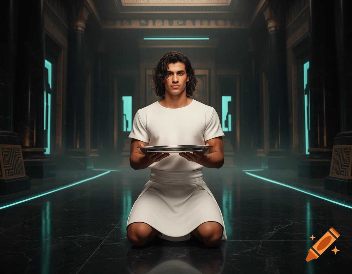 A handsome Egyptian nobleman with long dark hair kneeling in an opulent ancient futuristic palace with glowing cyan accents, photorealistic.