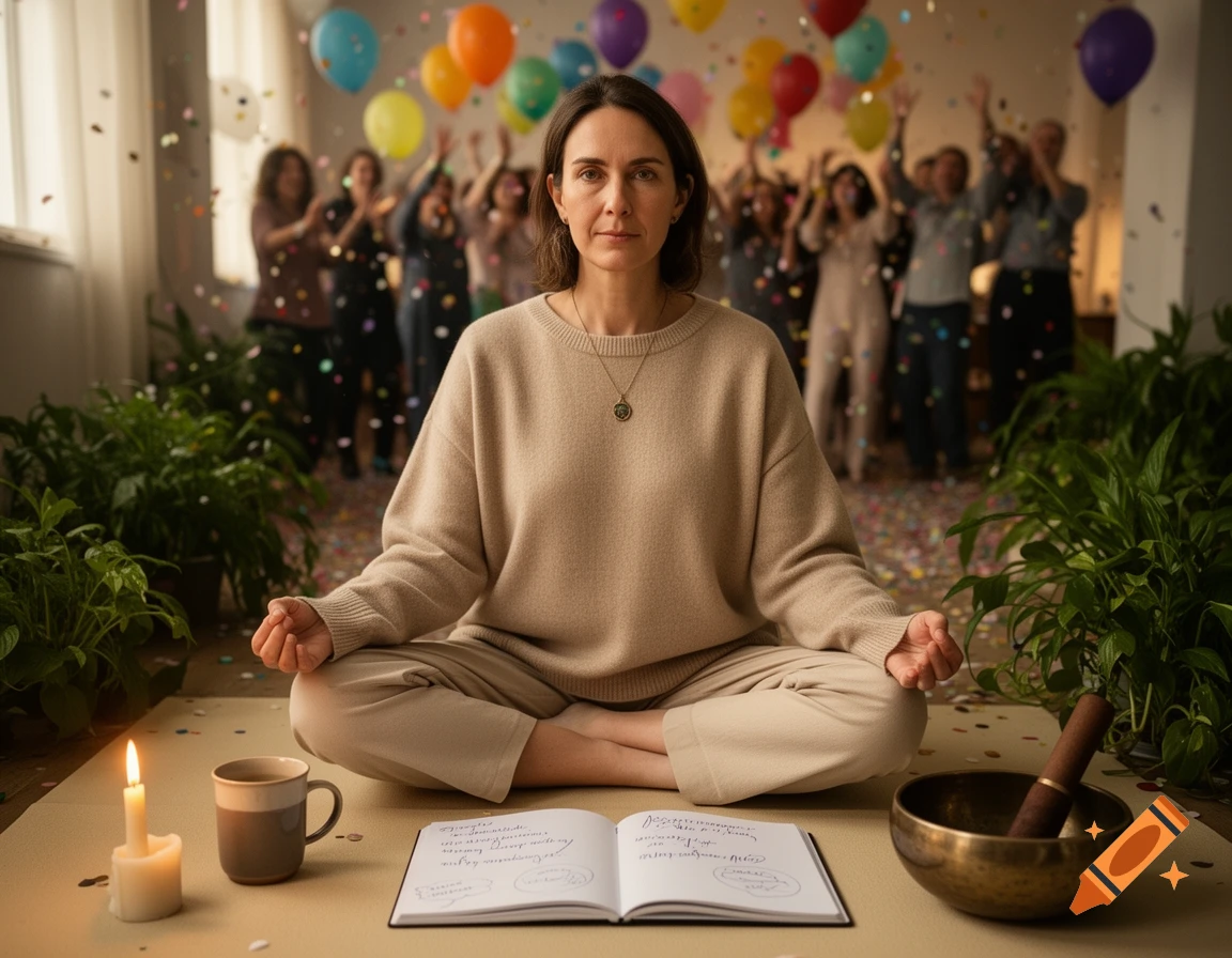 A woman meditating in a lotus pose on a mat indoors, surrounded by plants, a candle, and people celebrating in the background.