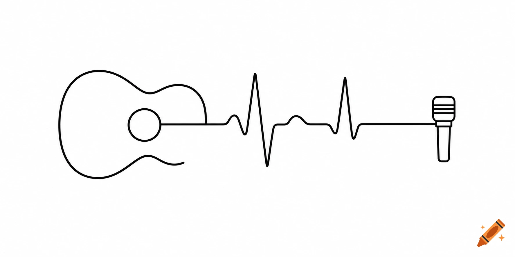 Minimalist black line art logo showing a guitar body transitioning into an EKG pulse line ending with a microphone.
