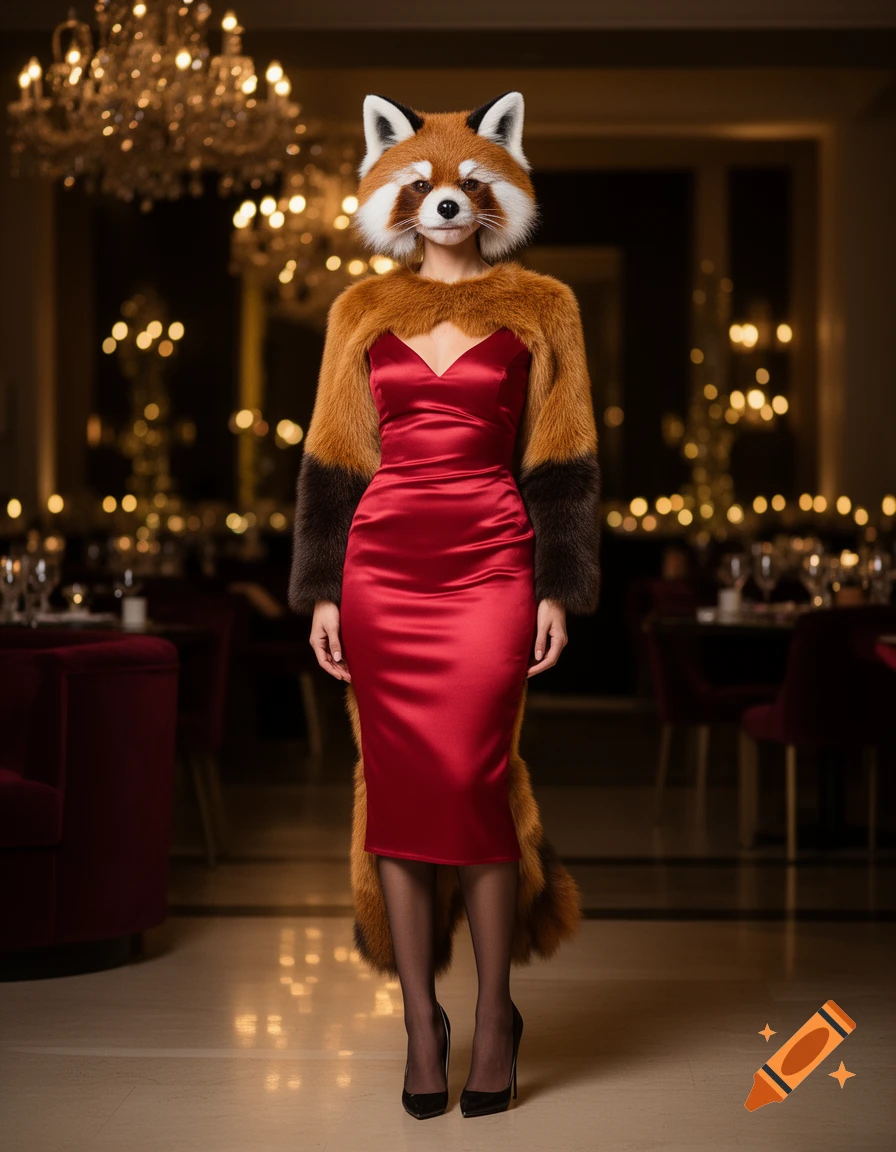 Photorealistic full-body shot of a woman with a red panda head, wearing a red satin dress, high heels, and hosiery in a luxurious restaurant setting.