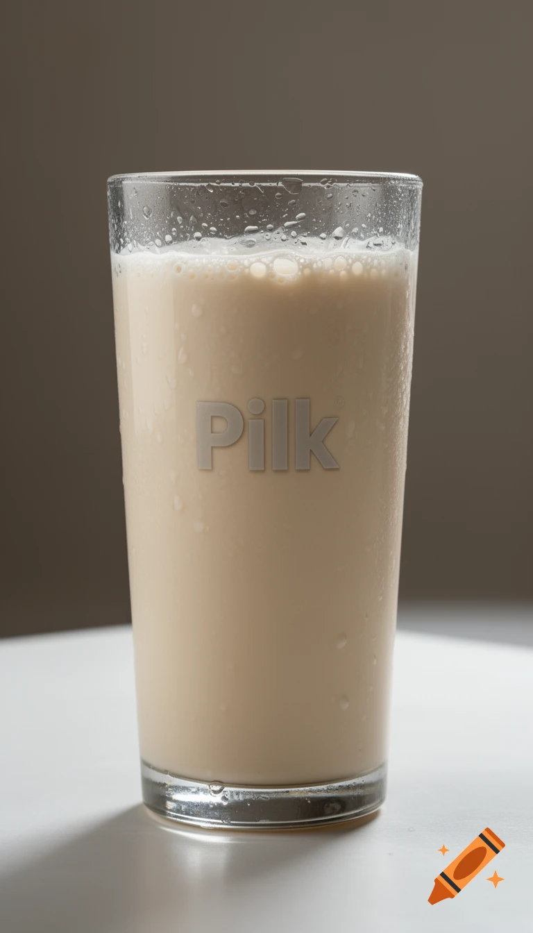 A tall glass of beige-colored milk drink with condensation on the outside and the word Pilk etched on the front, set on a white surface.