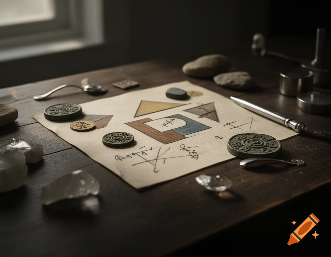 Close-up photograph of a dark wooden table with esoteric symbols drawn on parchment paper, surrounded by tokens, stones, and a silver pen.