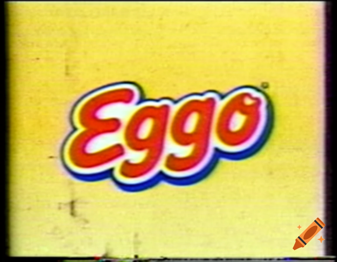 Vintage Eggo logo in red script with blue and white outlines on a textured yellow background, 1997 style.