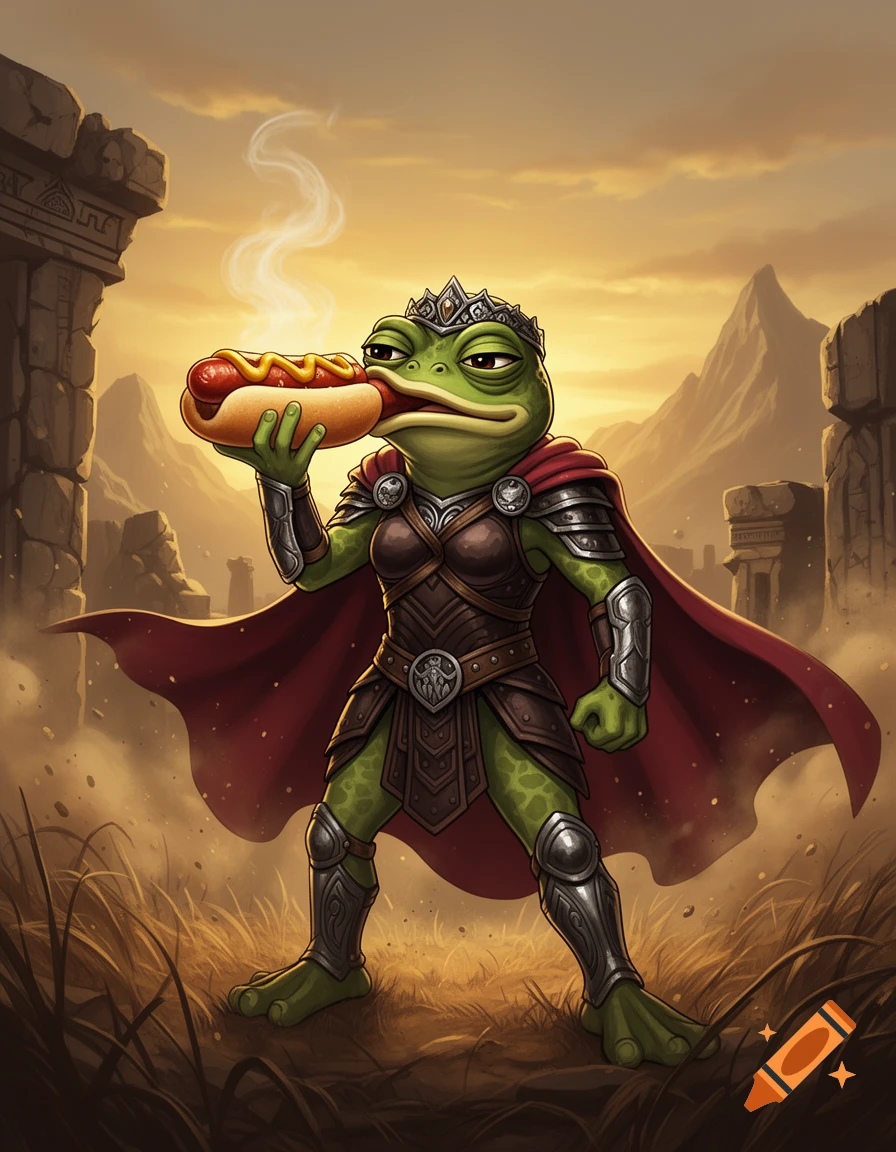Digital illustration of a frog warrior dressed as Xena eating a hot dog in front of ancient ruins.