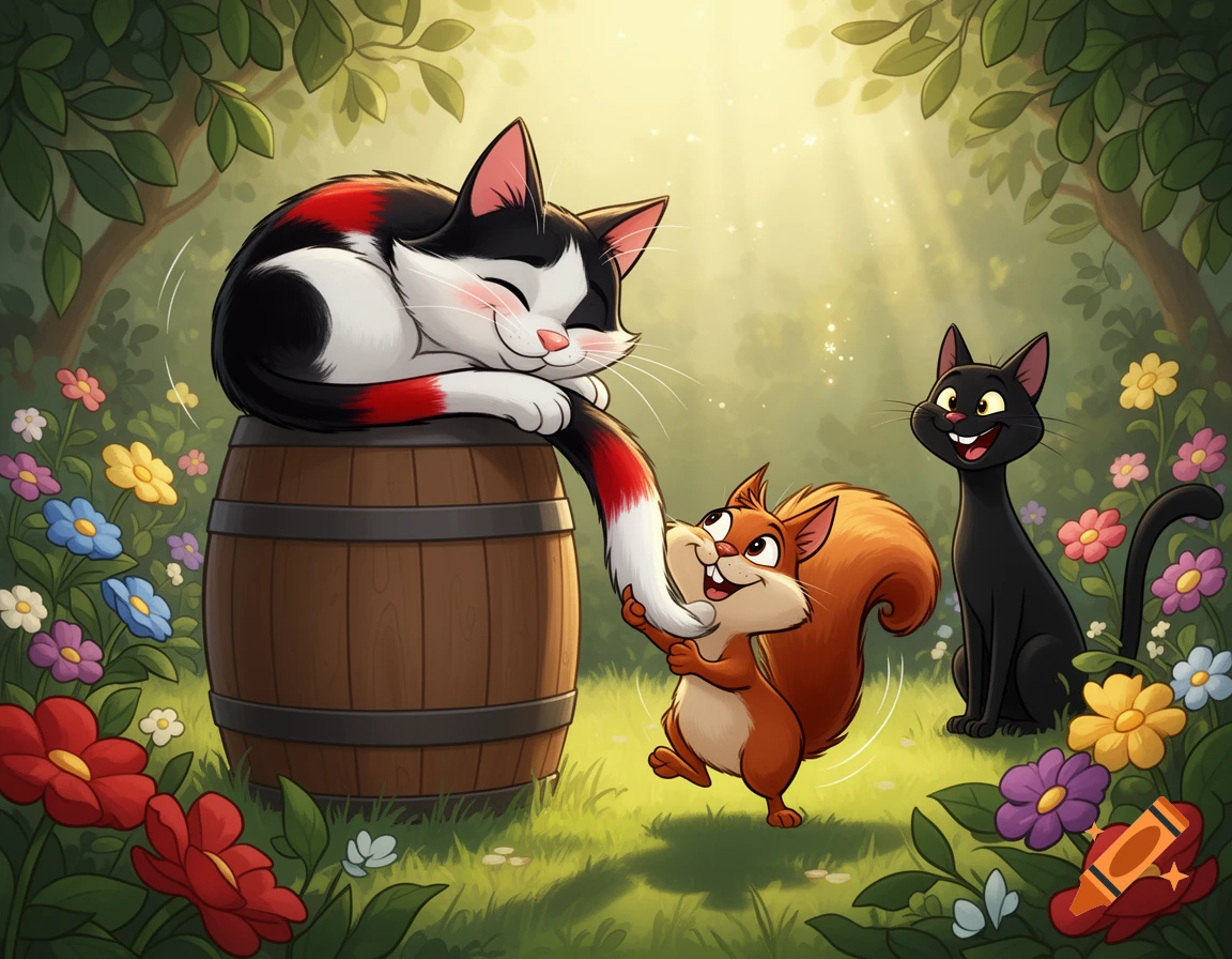 Cartoon illustration of a calico cat sleeping on a wooden barrel in a garden while a squirrel pulls its tail and a black cat watches.
