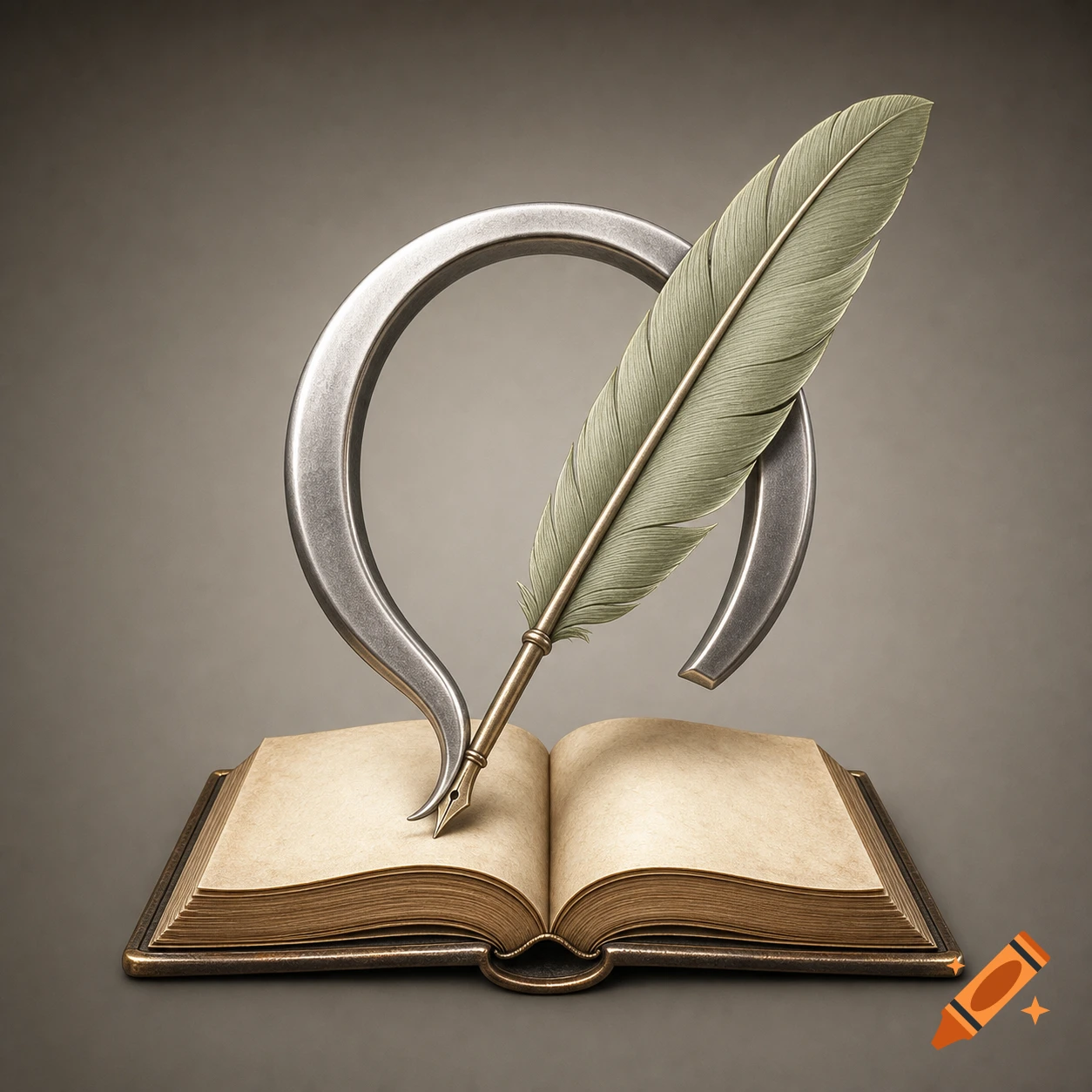 3D logo featuring a metallic open letter O, a quill, and an open parchment book in a realistic style.
