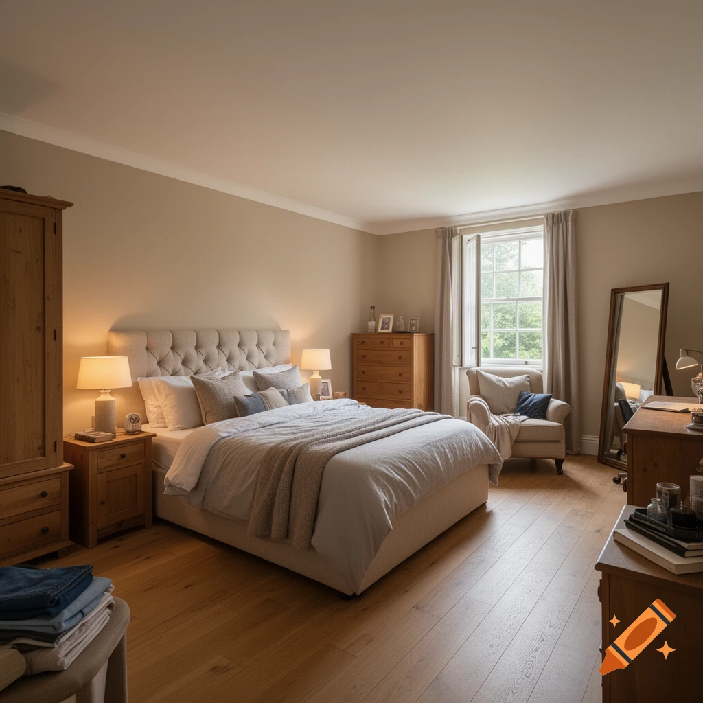 Photorealistic bedroom with a large tufted headboard bed, wooden furniture, and a window letting in natural light.