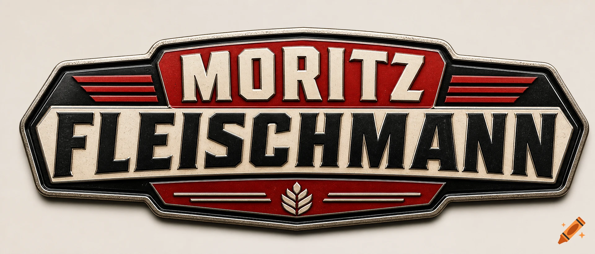 Embossed metal sign with the text Moritz Fleischmann in red, black, and white styled like a tractor brand logo.