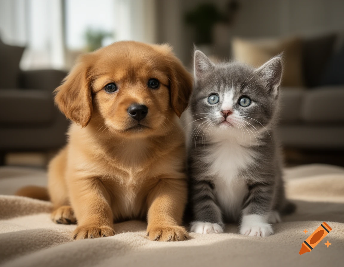 Photorealistic image of a cute golden retriever puppy and a grey and white tabby kitten sitting together on a blanket.