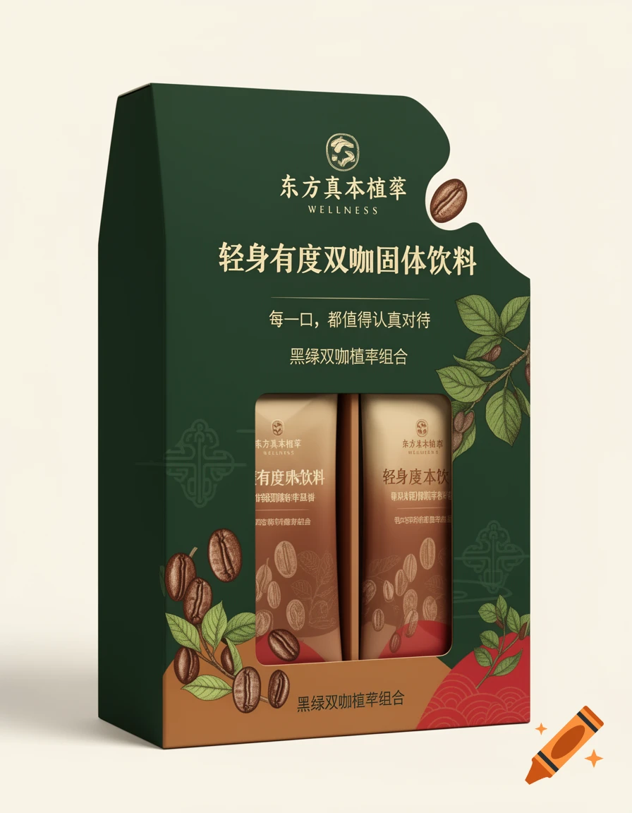 Green and gold shaped box packaging for a coffee drink, featuring Chinese text and botanical illustrations.