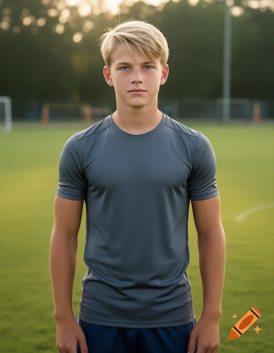 Photorealistic portrait of a young athletic boy with blonde hair and blue eyes standing on a soccer field.