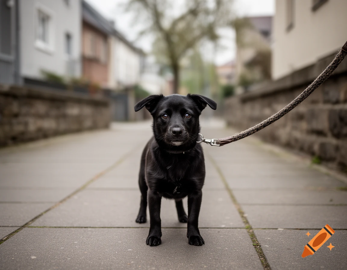 Photorealistic image of a small black puppy standing on a sidewalk, held on a leash, with buildings in the background.