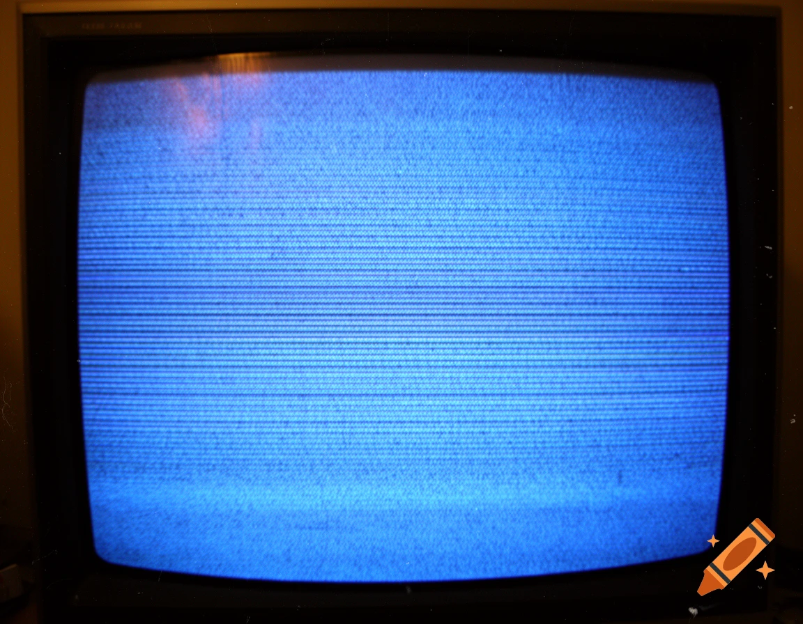 Close-up of an old CRT television screen displaying blue static noise.