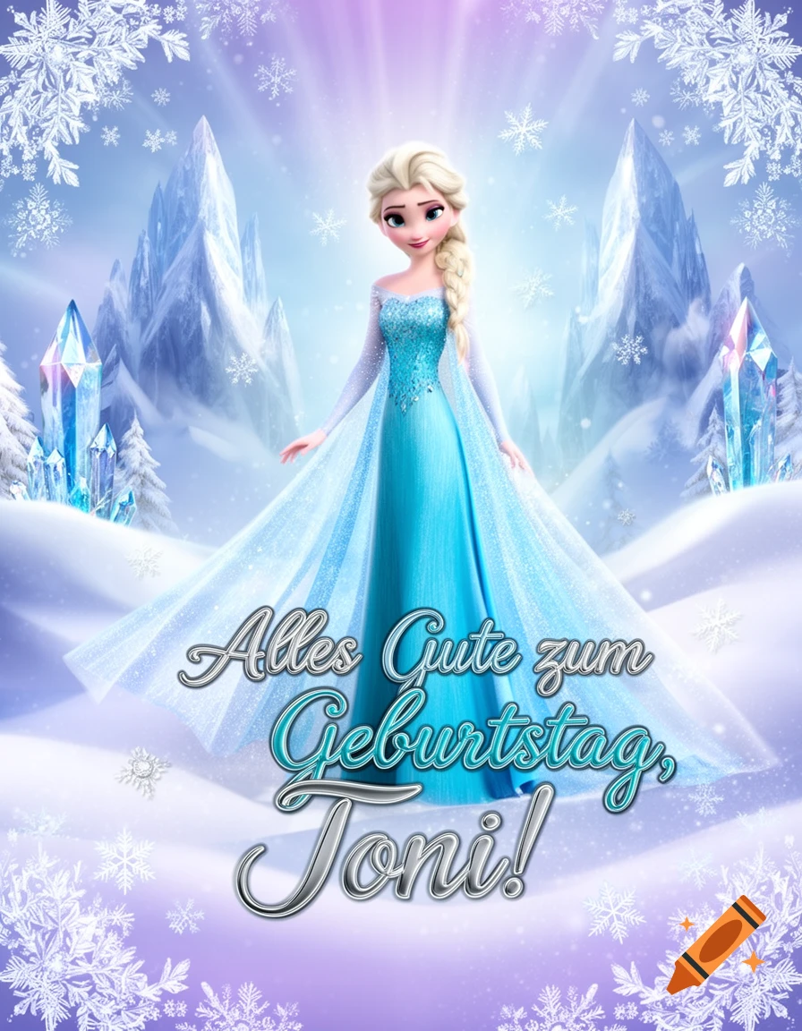 Elsa from Frozen in a blue dress standing in a snowy mountain landscape with the German text Alles Gute zum Geburtstag, Toni!