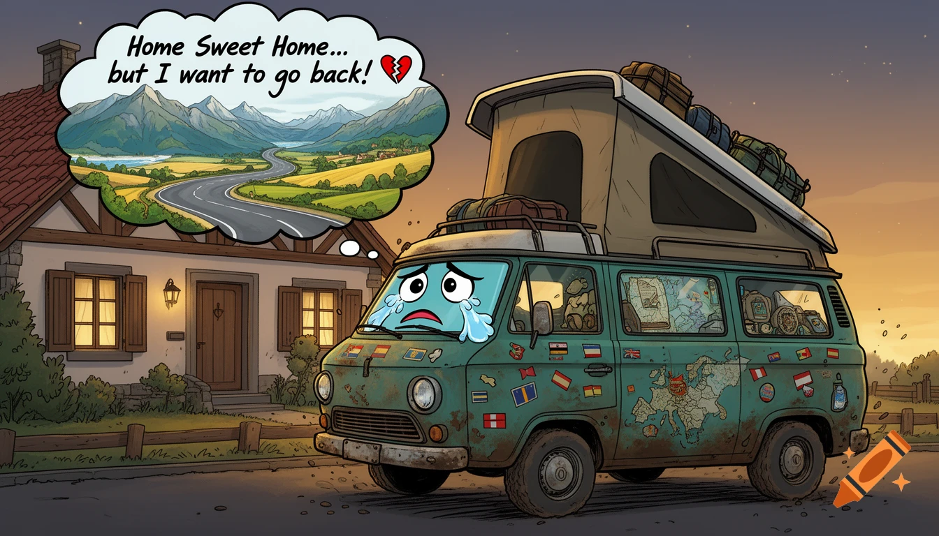 Comic-style illustration of a sad, tearful campervan parked in front of a house with a thought bubble of a scenic mountain road.