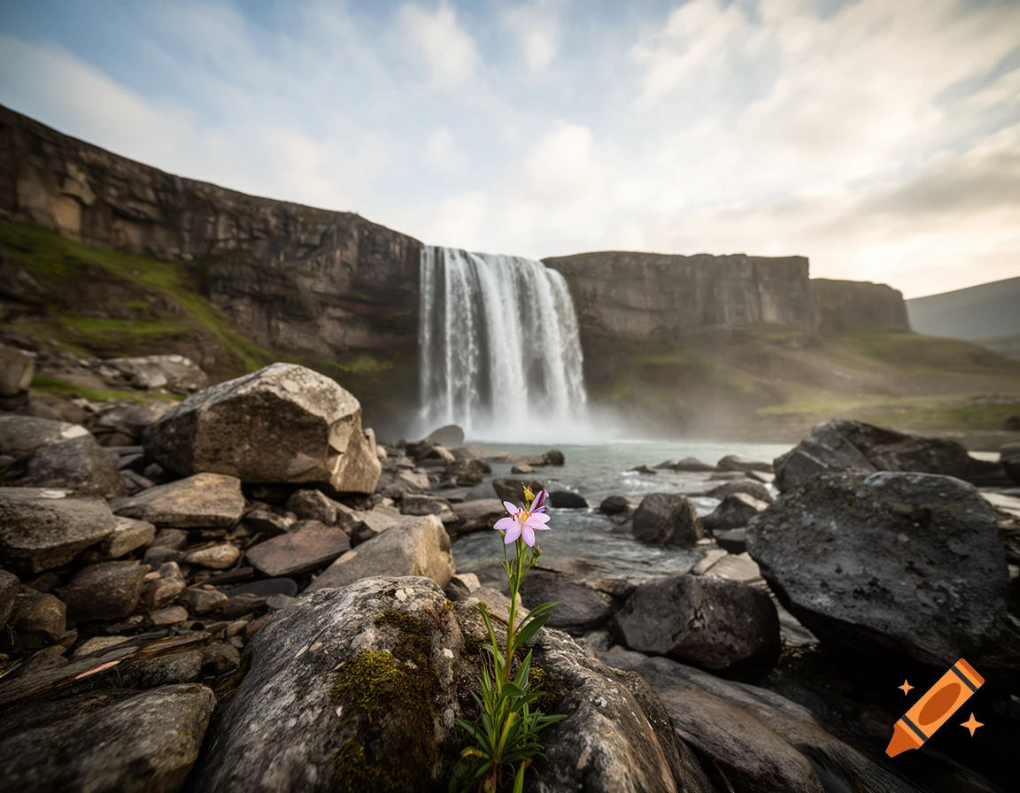 Photorealistic landscape of a majestic waterfall cascading down rocky cliffs, with a single purple flower in the foreground stream.
