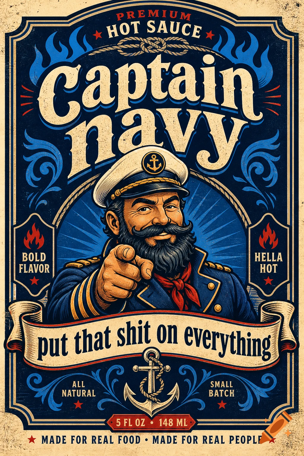 Vintage style hot sauce label featuring a smiling sea captain pointing forward with text reading Captain Navy and put that shit on everything