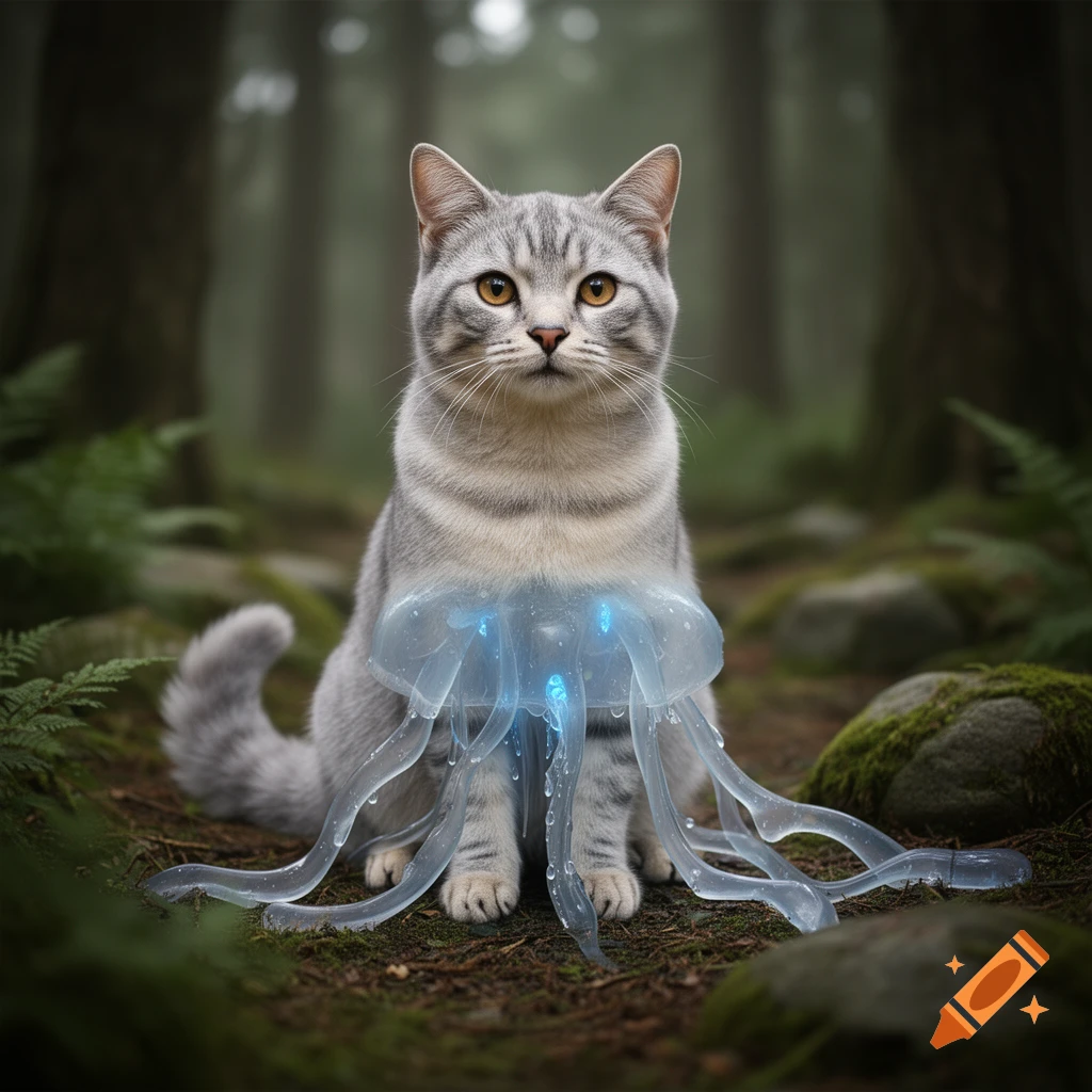 Photorealistic cat with a glowing translucent jellyfish body sitting in a misty forest.