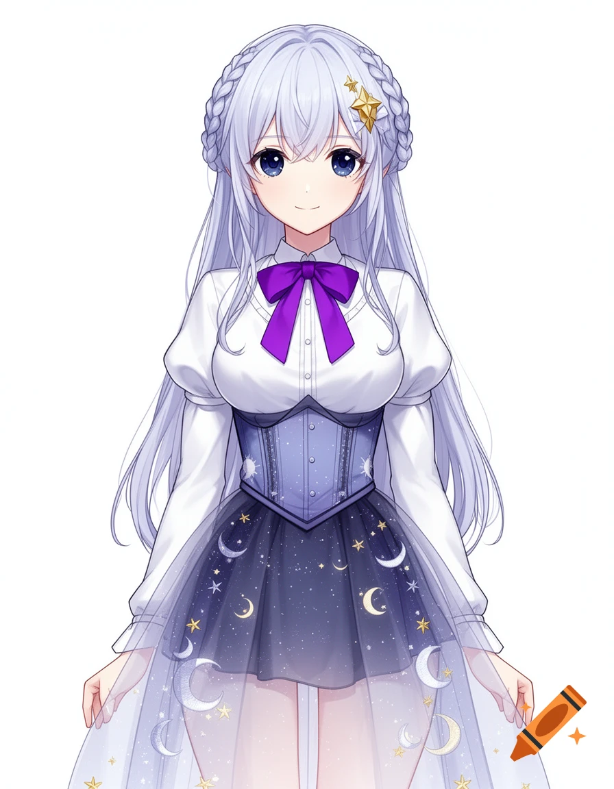 Anime style illustration of a female VTuber with pale purple hair, blue eyes, and a celestial-themed dress with a moon and stars.