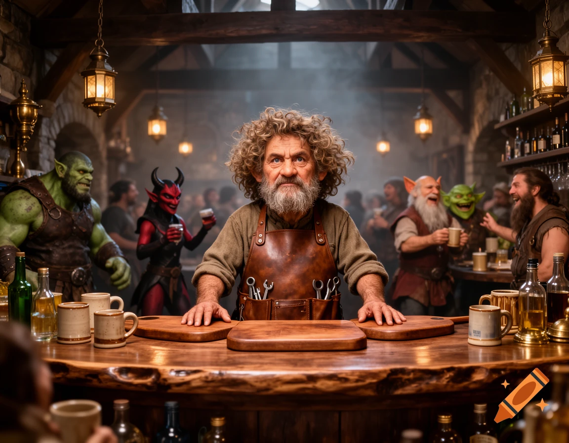 Cinematic shot of a male gnome barkeep with wild curly hair behind a wooden tavern bar, surrounded by fantasy patrons.