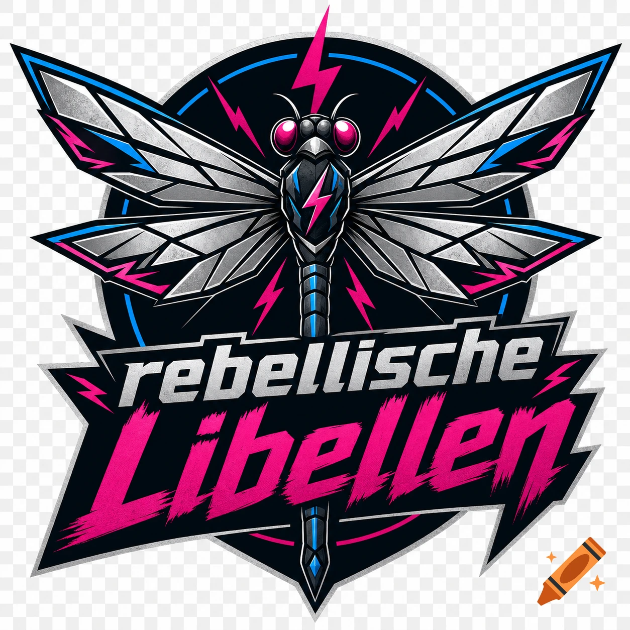 Logo design featuring a stylized dragonfly with metallic wings and lightning bolts, with the text 'rebellische Libellen'.