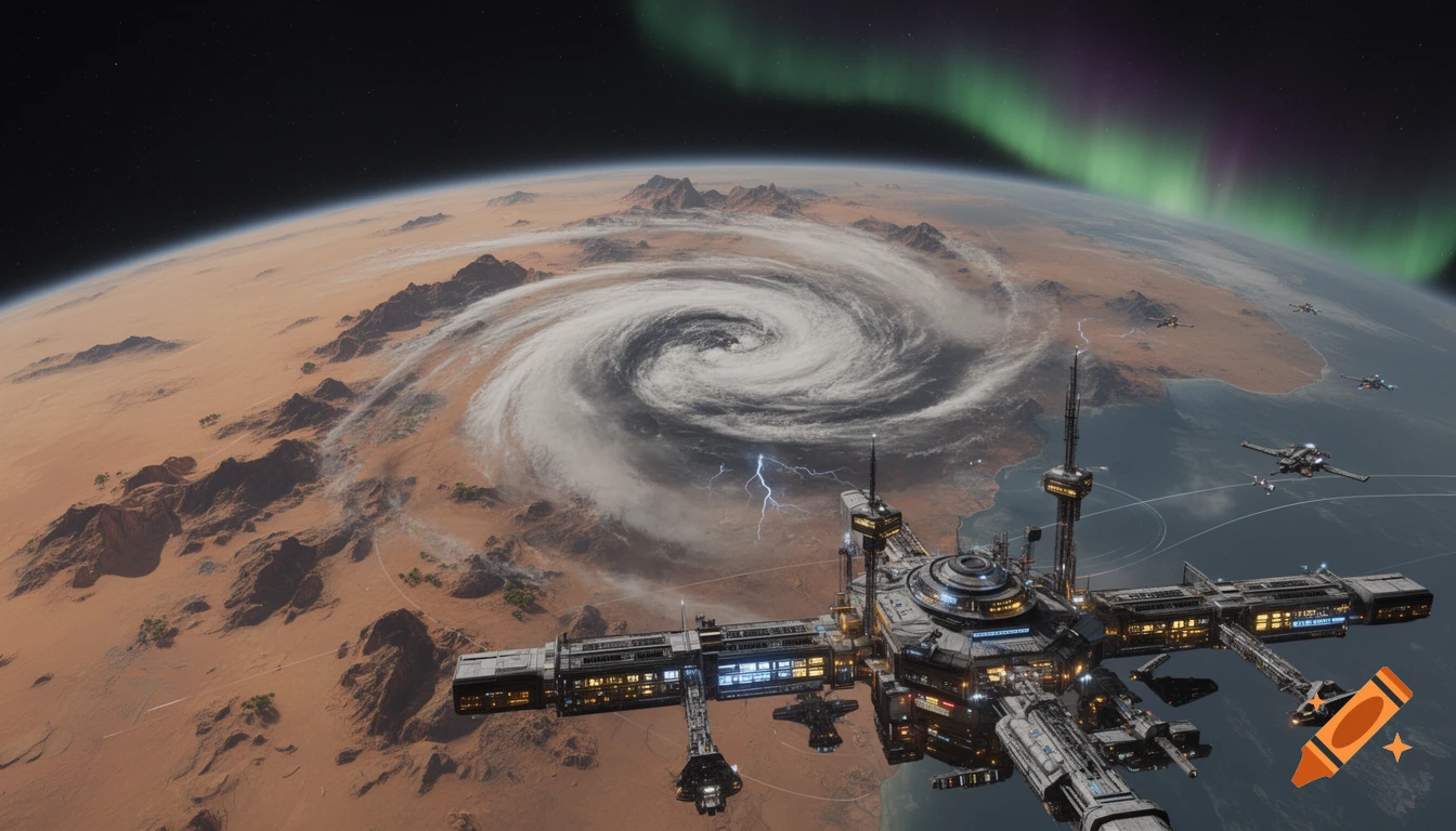 A large space station orbits a desert planet with a massive storm and a green aurora in space, photorealistic digital art.