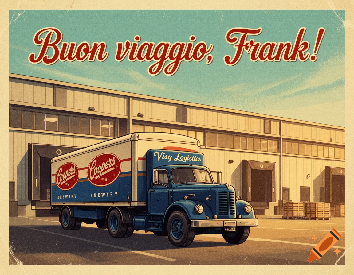 Vintage 1950s style postcard illustration of a blue truck and trailer in front of a warehouse with the text Buon viaggio, Frank!