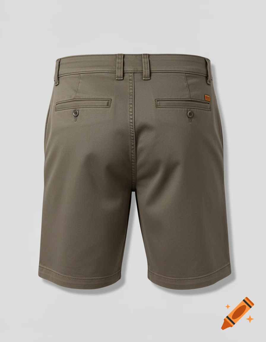 Rear view of brown men's chino shorts with back pockets and buttons against a plain light gray background.