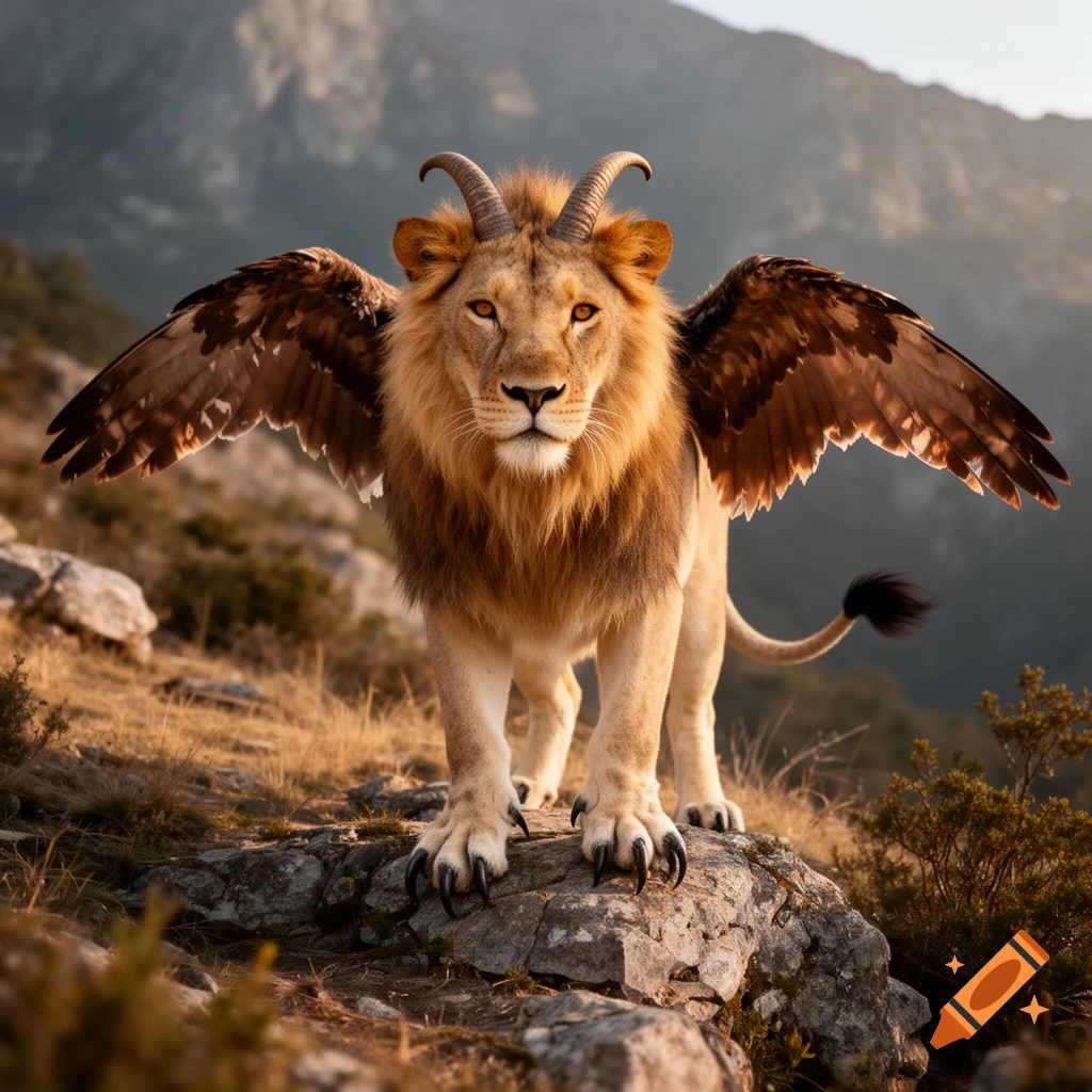Photorealistic image of a mythical creature with a lion's head and body, goat horns, hawk wings, and talons, standing on a rocky mountain.