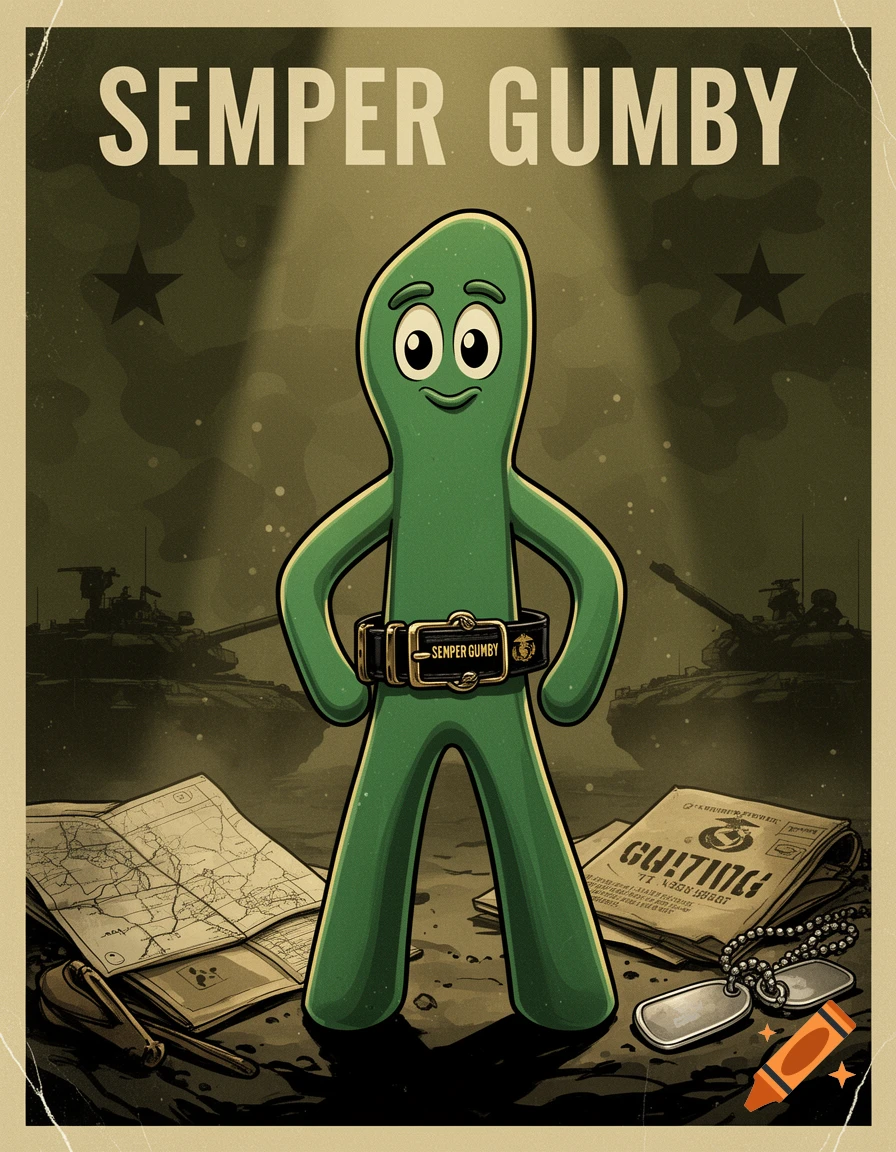 Propaganda style poster featuring Gumby in a military setting with the text 'Semper Gumby' at the top and on his belt.