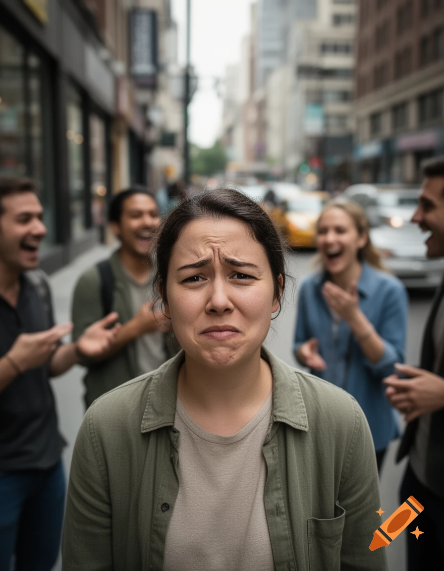Photorealistic image of a distressed young woman crying in the middle of a busy city street while a group of people laugh and point at her.