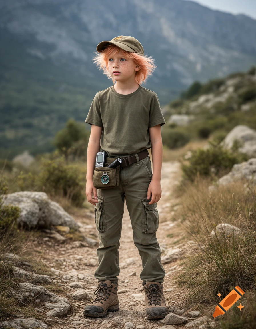 Photorealistic image of a 12-year-old adventurer boy with peach-colored hair standing on a rocky mountain path.