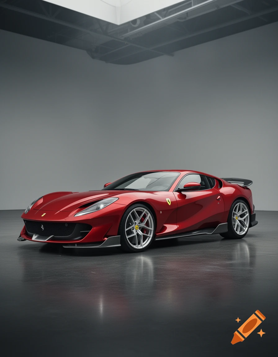 Photorealistic red Ferrari sports car parked inside a modern garage with a concrete floor.