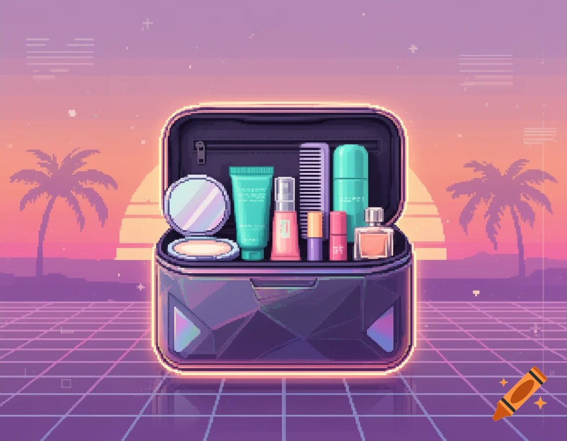 Pixel art vaporwave aesthetic image of an open toiletry bag filled with self-care items against a sunset palm tree grid background.