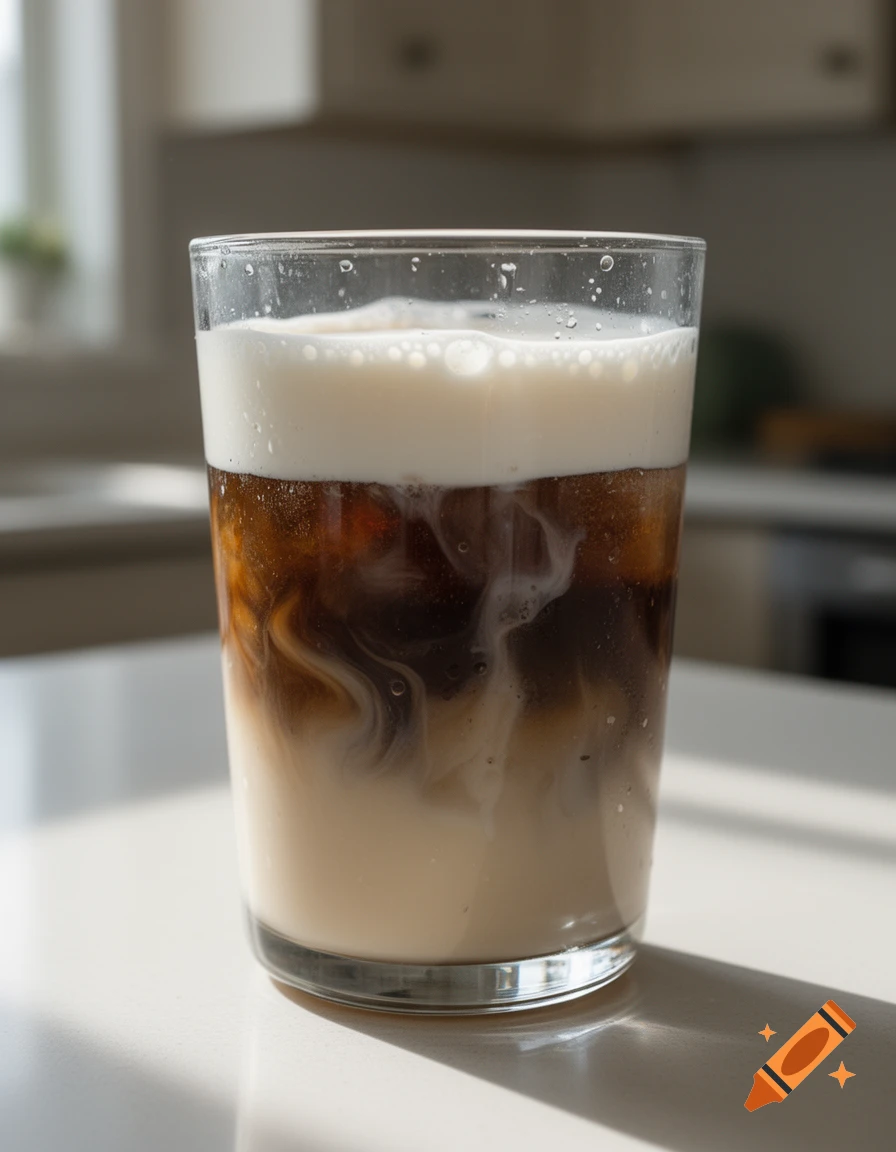 Photorealistic glass of iced coffee with milk and foam layers on a kitchen counter.
