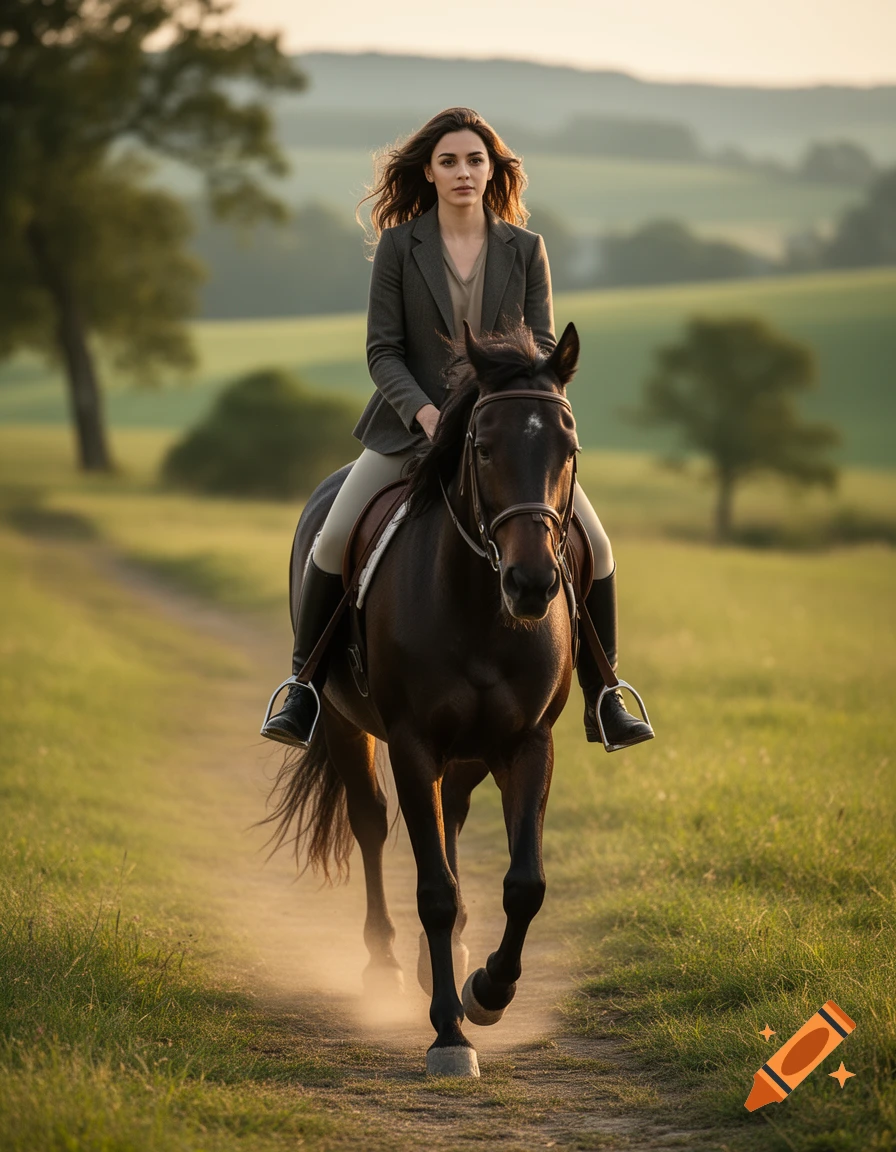Photorealistic image of a woman riding a brown horse on a dirt path through a grassy field.