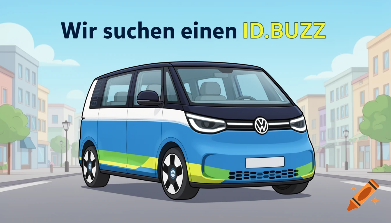Cartoon illustration of a blue and white VW ID.Buzz van parked on a city street with the text Wir suchen einen ID.BUZZ above it.