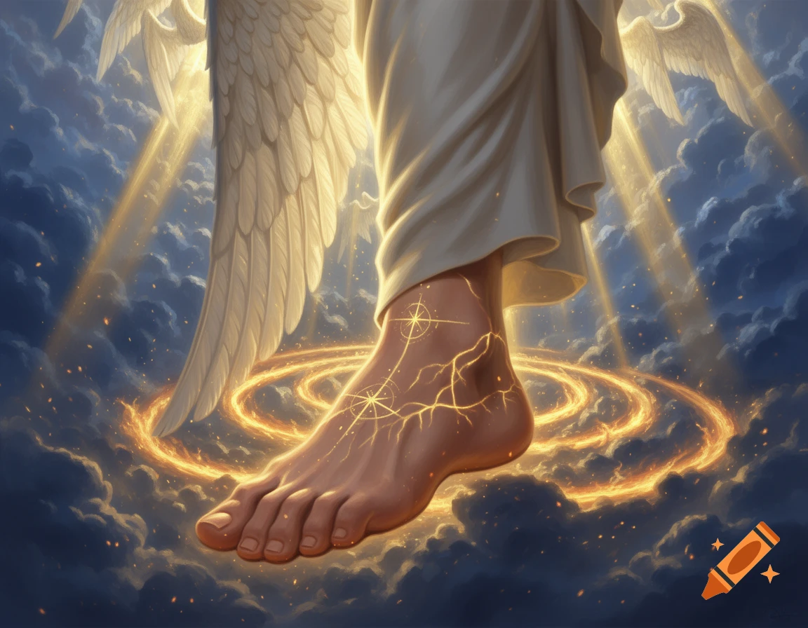 Close-up of a giant angelic foot with glowing patterns standing on clouds with multiple feathered wings and light rays, digital art style.