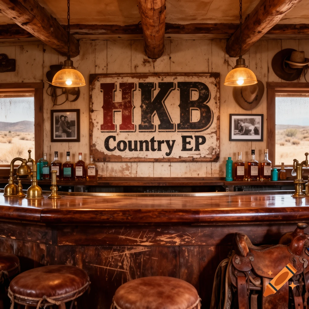 Photorealistic image of an old southwestern bar interior featuring a large sign reading 'HKB Country EP' above the counter.
