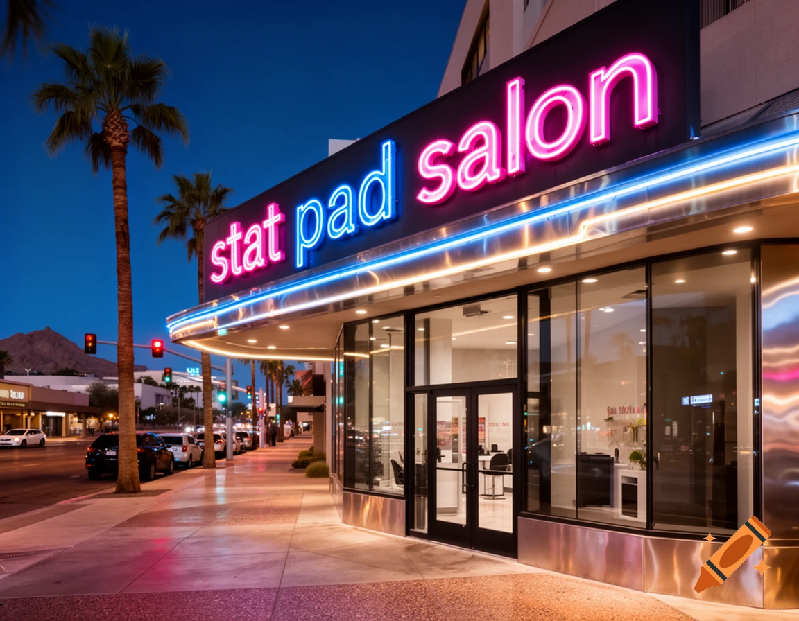 Photorealistic evening street view of a modern salon storefront with bright neon signs reading stat pad salon in Phoenix, Arizona.