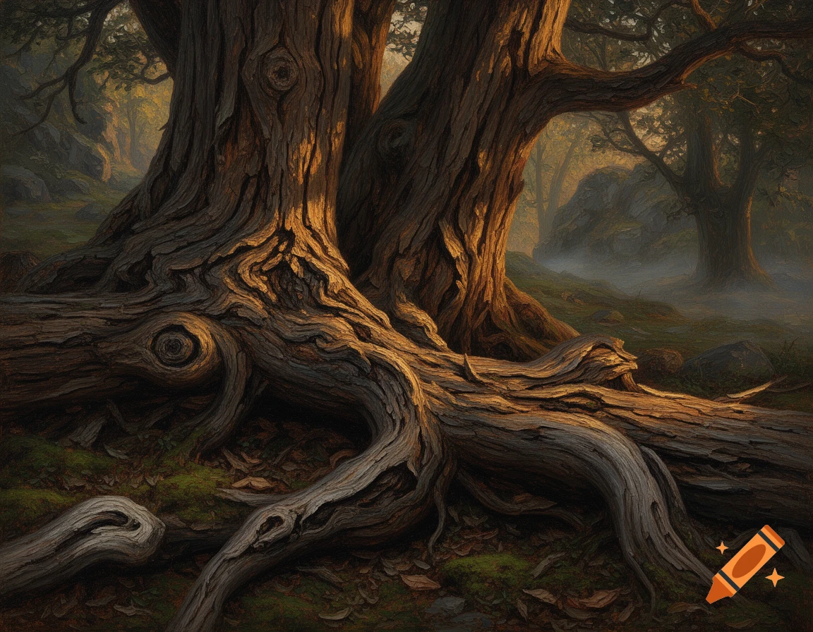 Digital oil painting focusing on the intricate, gnarled roots and textured bark of ancient trees in a misty forest.
