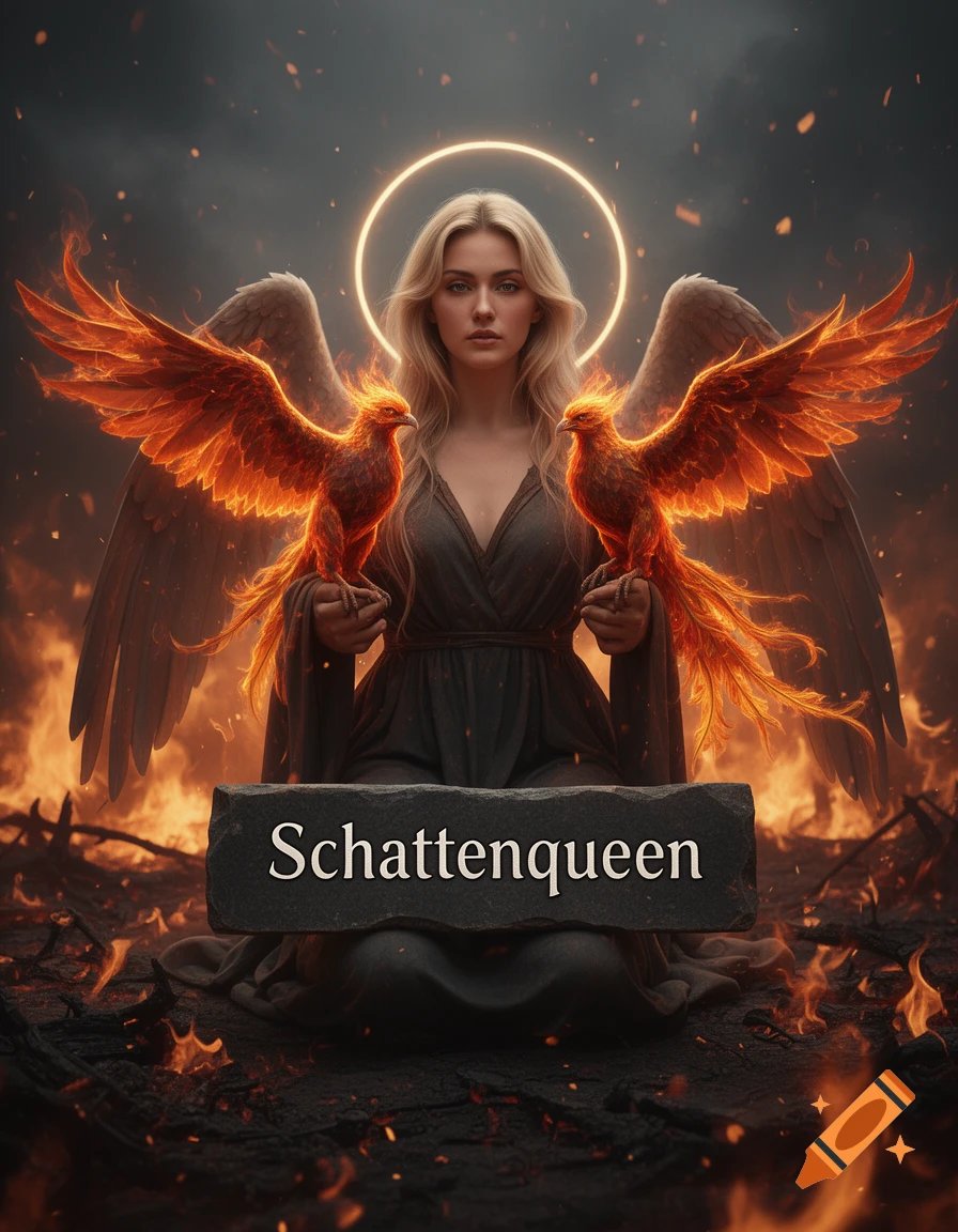 Photorealistic angel with a halo and wings, holding fire phoenixes in front of a stone sign reading Schattenqueen amidst flames.