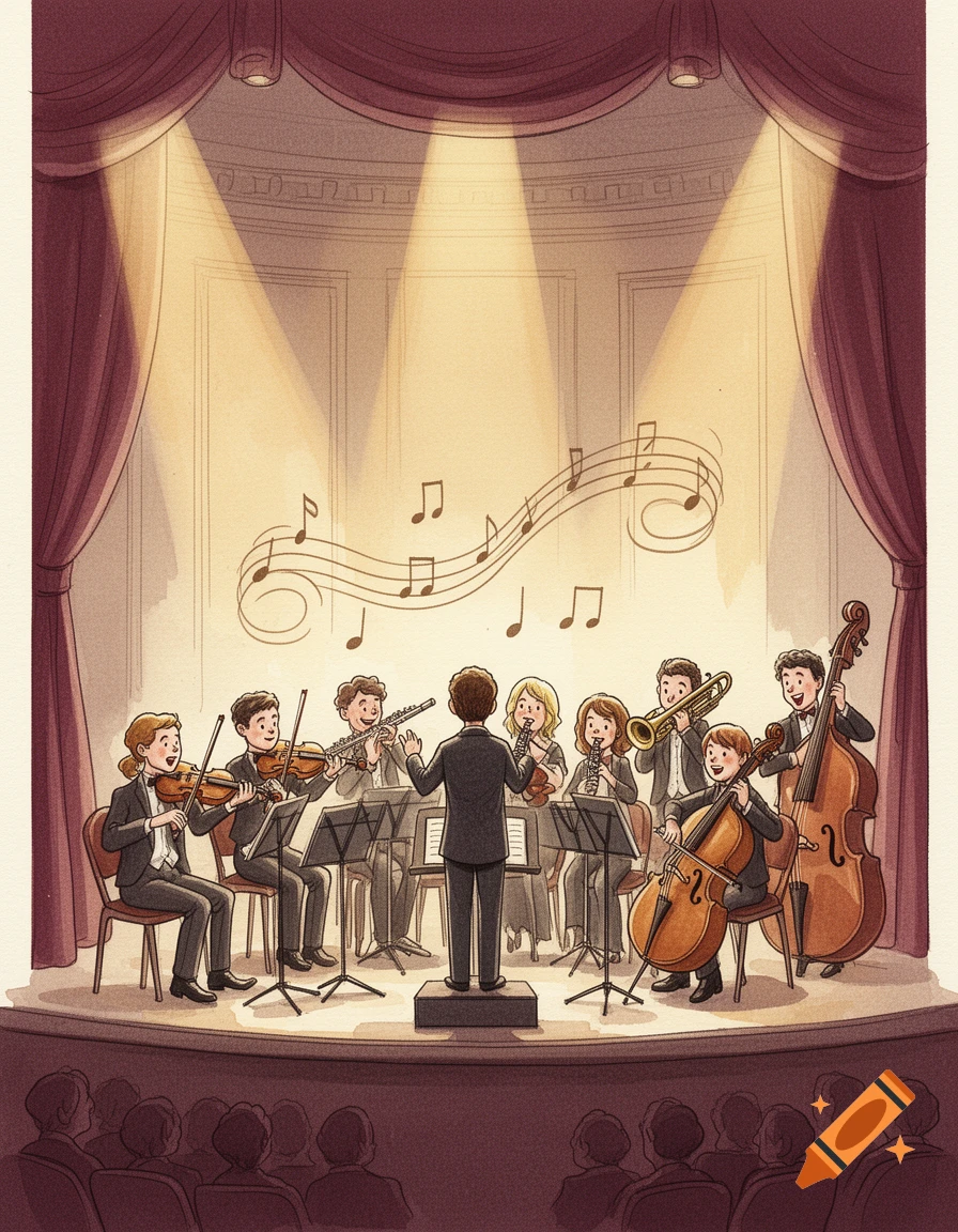 Illustration of a small orchestra performing on a stage with a conductor and musical notes floating above.