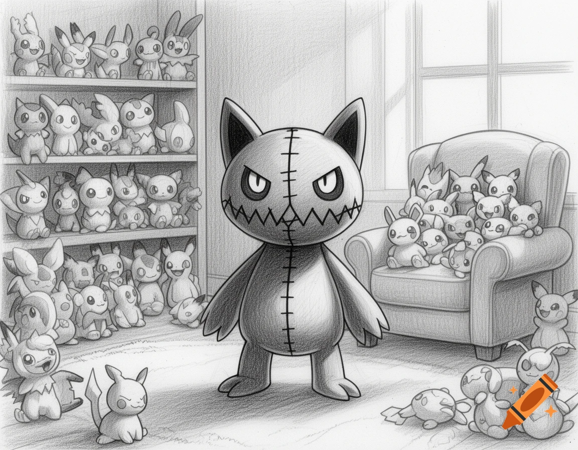 Pencil sketch of the Pokémon Banette standing in a room filled with various Pokémon plushies on shelves, a chair, and the floor.