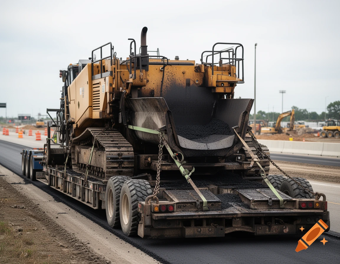 Photorealistic image of a large yellow asphalt paver being transported on a flatbed truck on a highway.