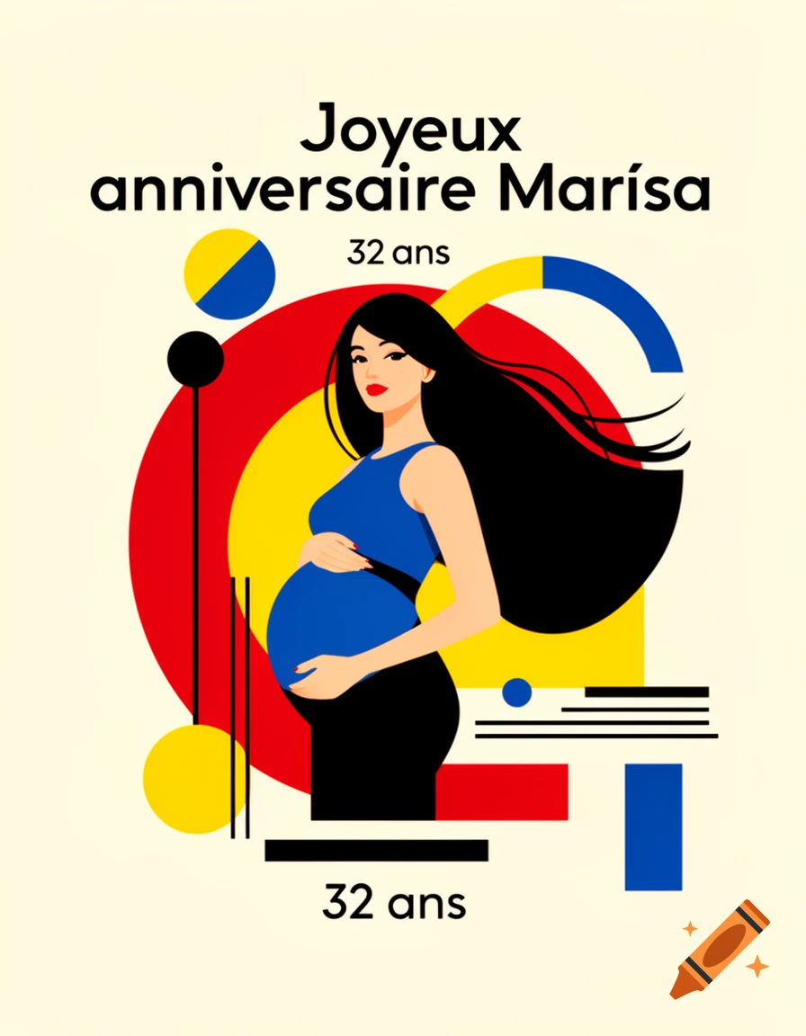Bauhaus-style birthday card illustration for Marisa at 32 years old, featuring a pregnant woman with long black hair.