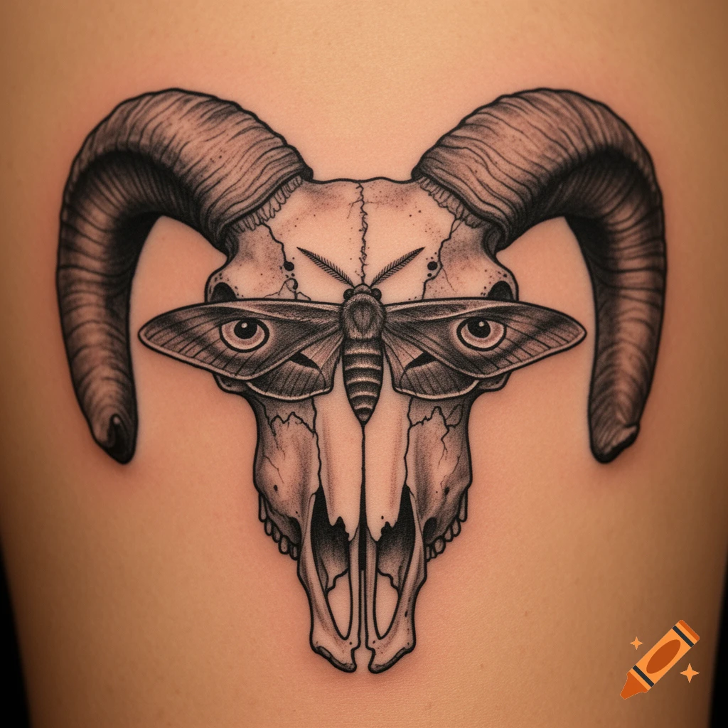 Tattoo of a front-facing ram skull with a moth whose wings cover the eye sockets.