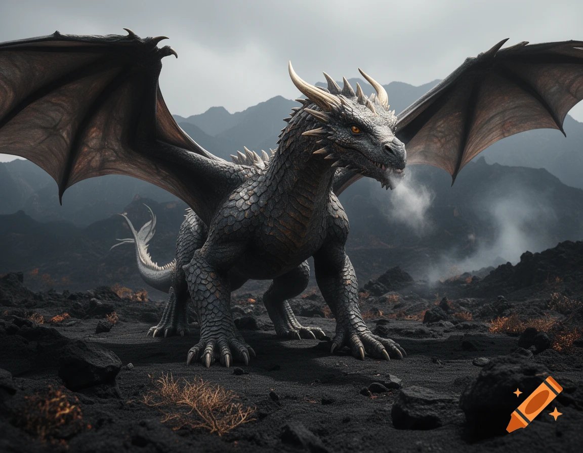 A large dark grey dragon with massive wings standing on a dark rocky volcanic landscape under a cloudy sky.
